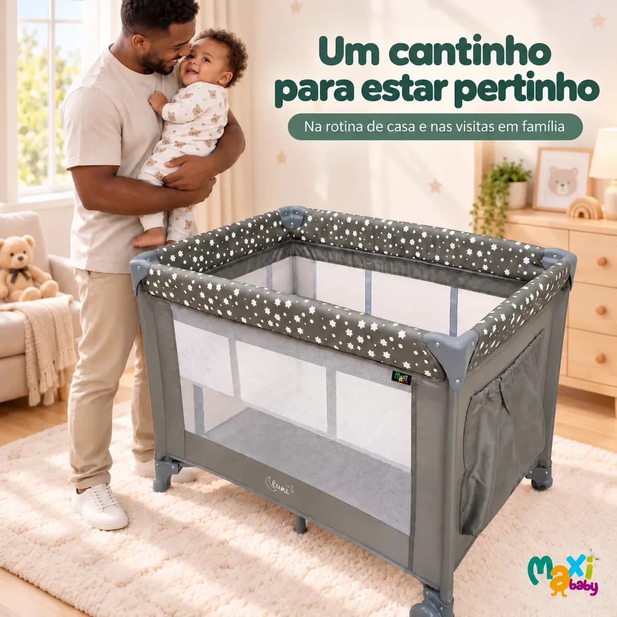 Berço Portátil Infantil Cercado Desmontável Lune Maxi Baby - CINZA — imagem 2