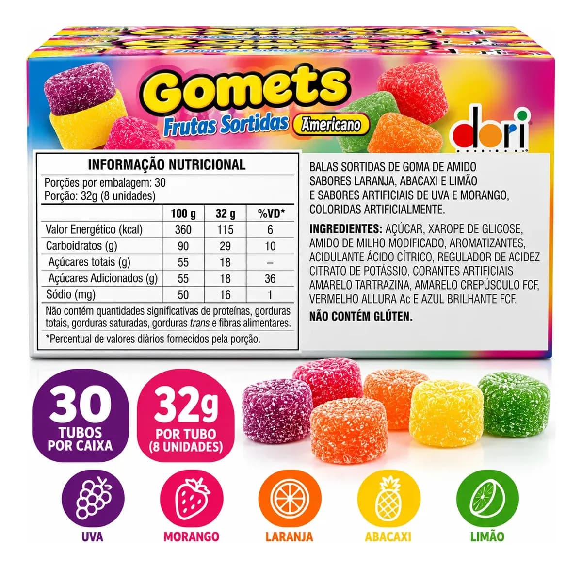 Goma Gomets Dori Frutas Sortidas Caixa 30 Tubos 32g — imagem 5