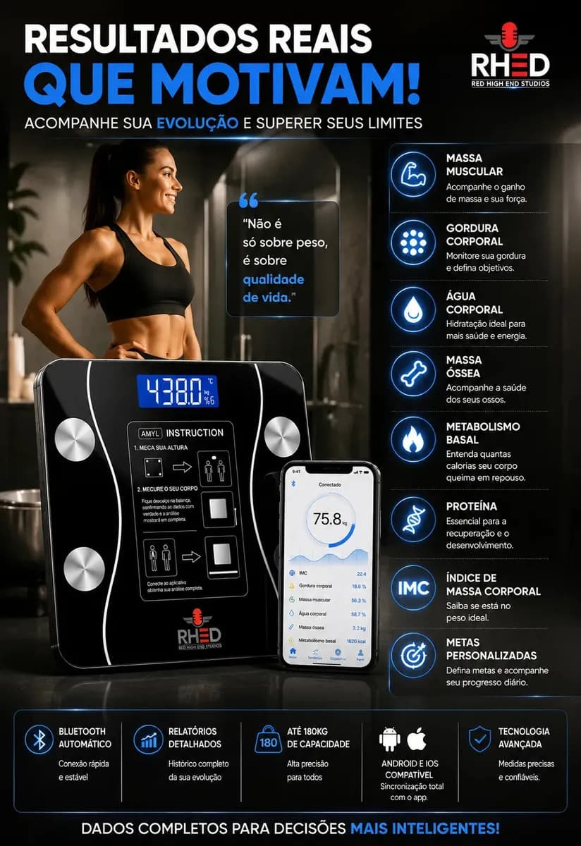 Balança Digital Bioimpedância Profissional smart imc 180kg Bluetooth Corporal Aparelho Alta Capacidade aplicativo App para Android e para IOS Balança De Banheir — imagem 2