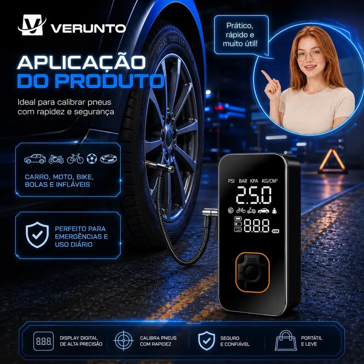 Bomba Elétrica Portátil Digital Para Encher Pneu De Carro Moto Bicicleta Inflador Automotivo Cor Preto — imagem 3