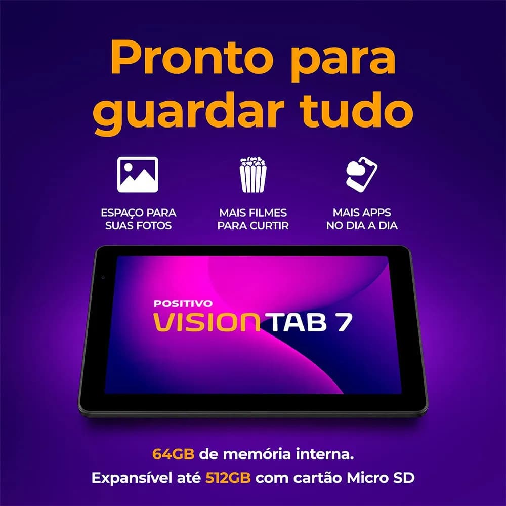 Tablet Positivo Vision TAB 7 - Processador Octa-Core 3GB RAM 64GB Armazenamento Tela 7” IPS Bateria 3100mAh, Android 14 Go, Wi-fi - Preto — imagem 6