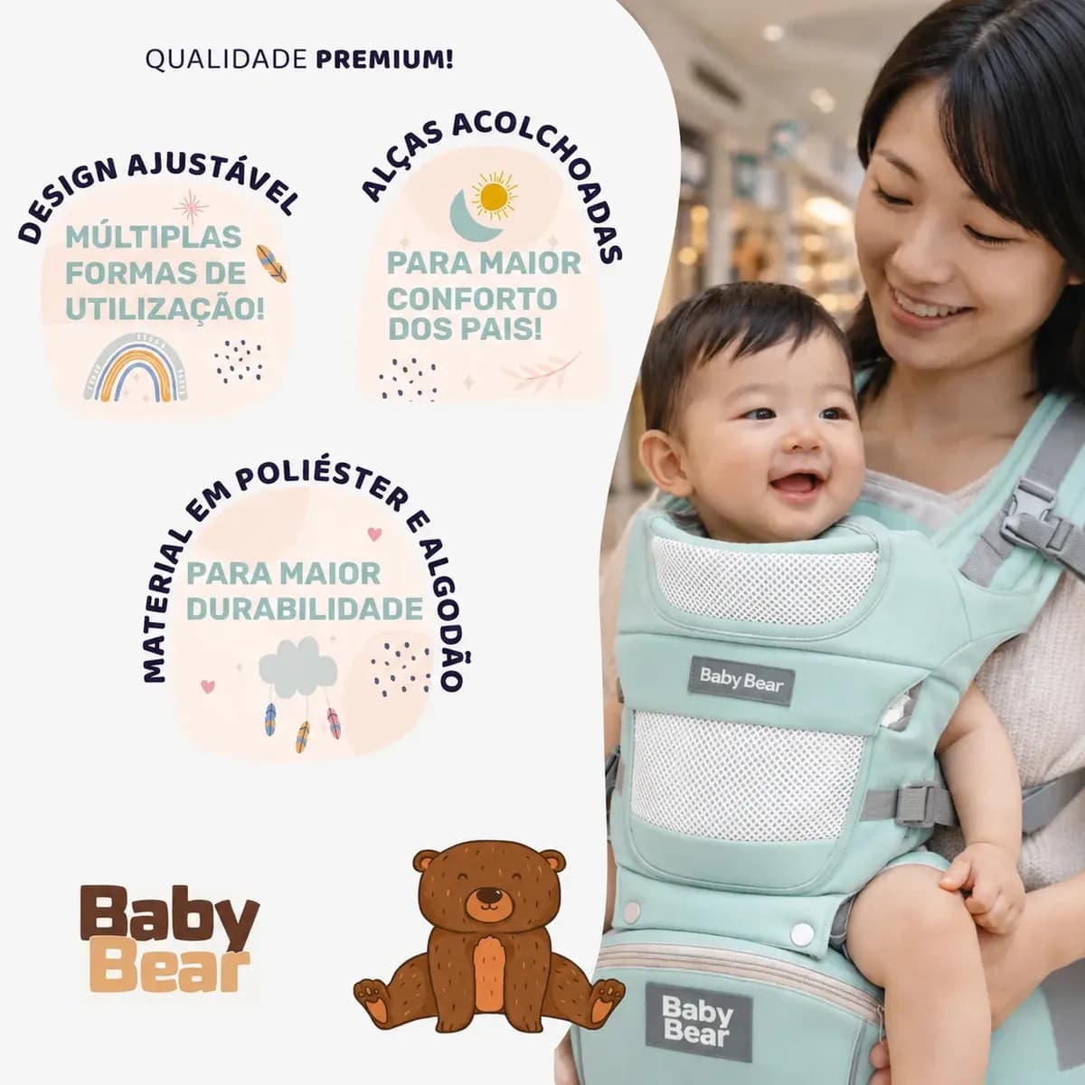 Bolsa Canguru Ergonômico Baby Bear Premium 12 Posições 4 Em 1 Cor Verde — imagem 4