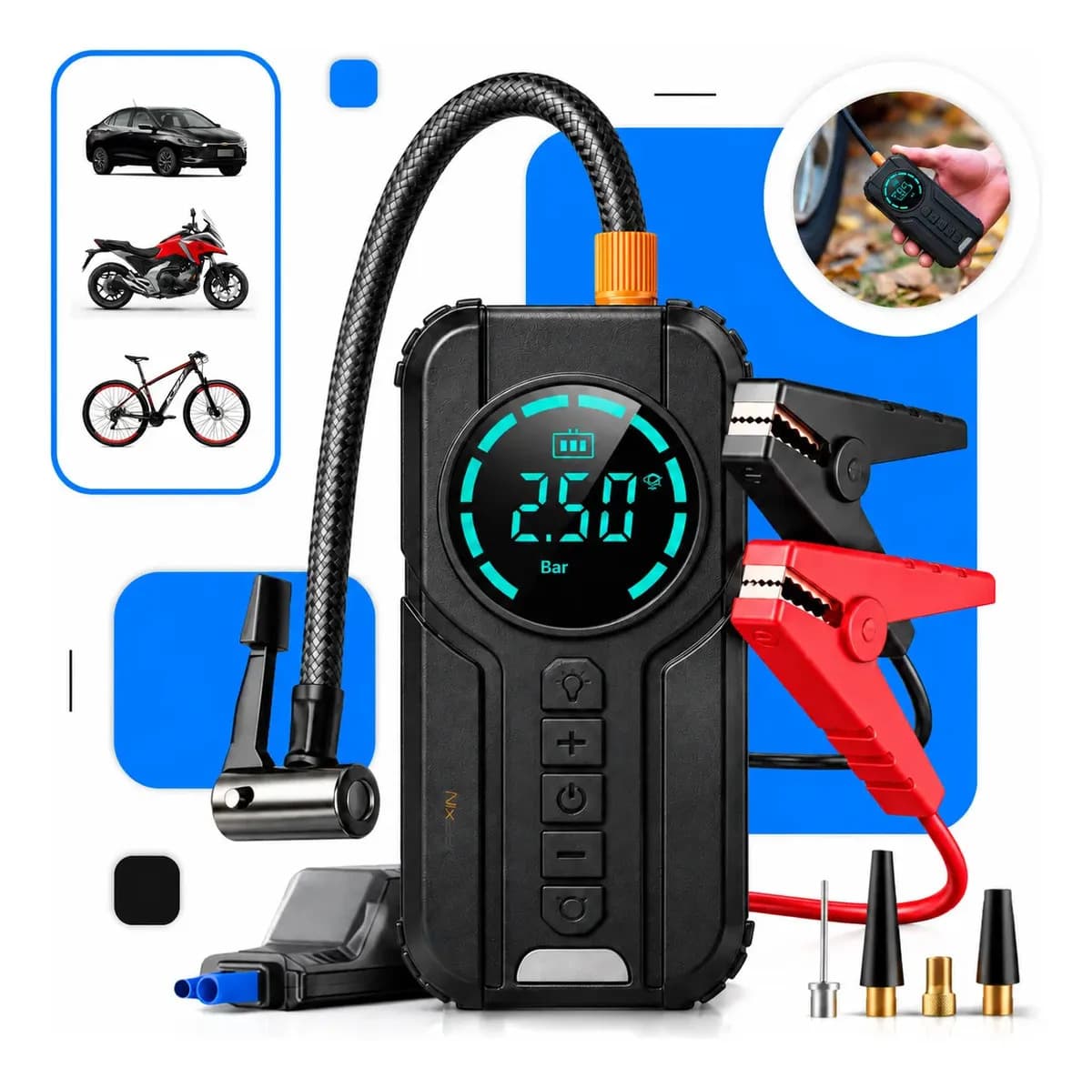 AuxiIiar de Partida Carregador Bateria Com Compressor De Ar Portátil VeicuIar Emergência 6 em 1 InteIigente Digital 12V CaIibrador Pneu Automotivo Lanterna LED 