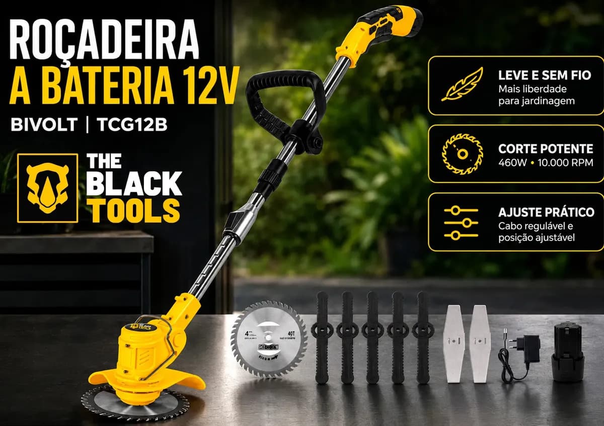 Roçadeira Aparador Grama A Bateria Recarregável 460w Profissional Com Acessórios Tcg12b The Black Tools — imagem 2