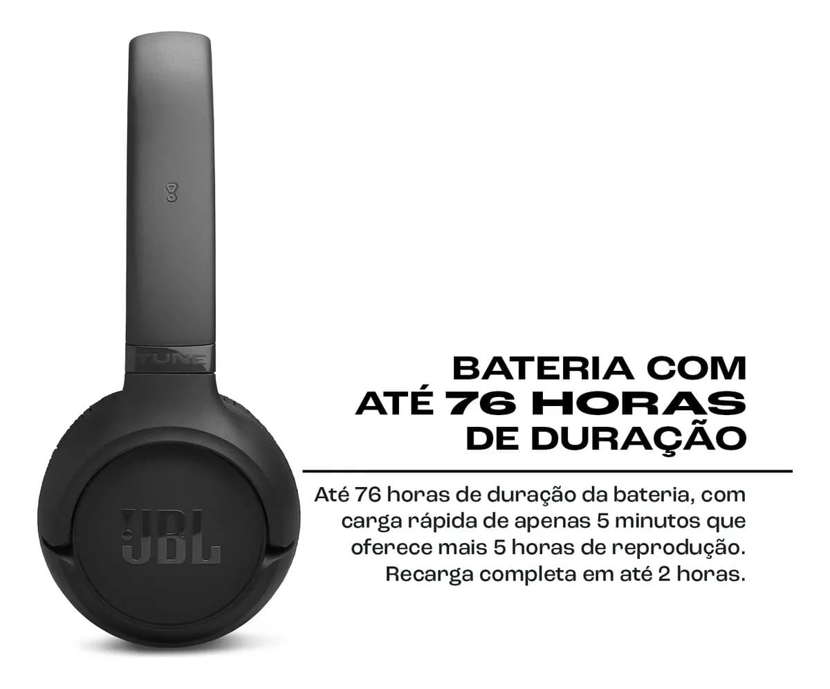 Fone de Ouvido JBL Tune 530BT Bluetooth Sem Fio Preto Headphone com Microfone Wireless Estéreo Graves Potentes Confortável — imagem 4