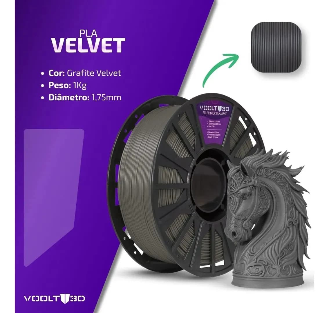 Filamento PLA Grafite Velvet Aveludado 1Kg Voolt3D Premium Alta Velocidade High Speed Para Imprimir Peças 3D Acabamento Aveludado Modelos Enfeites e Decoração N — imagem 2