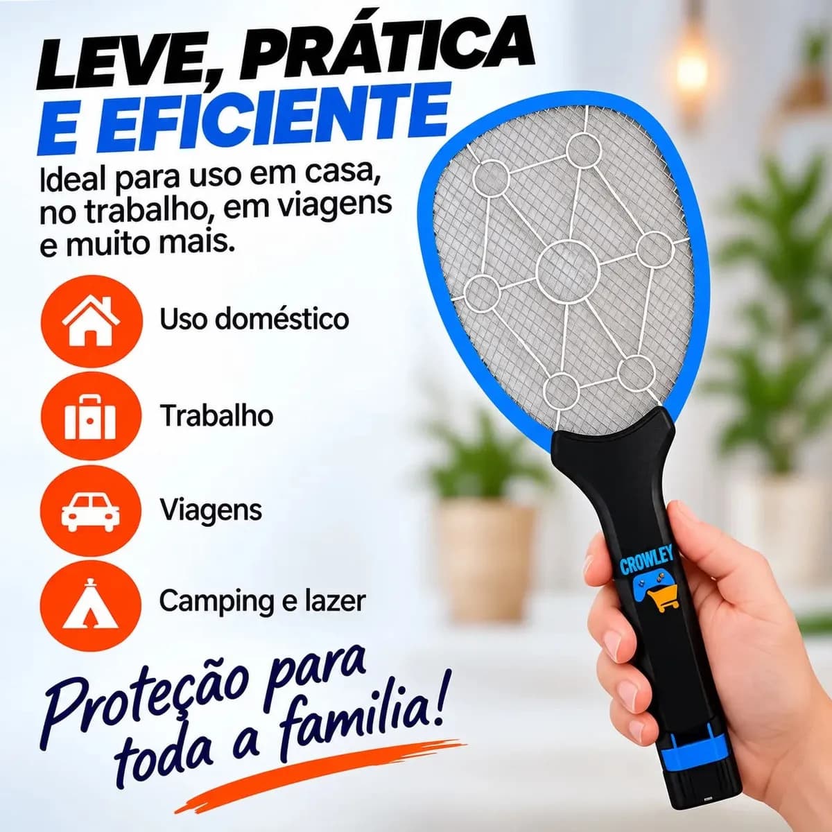 Raquete Elétrica Mata Mosquito Mosca Pernilongo Dengue Insetos Bateria Recarregavel Bivolt - Crowley — imagem 4
