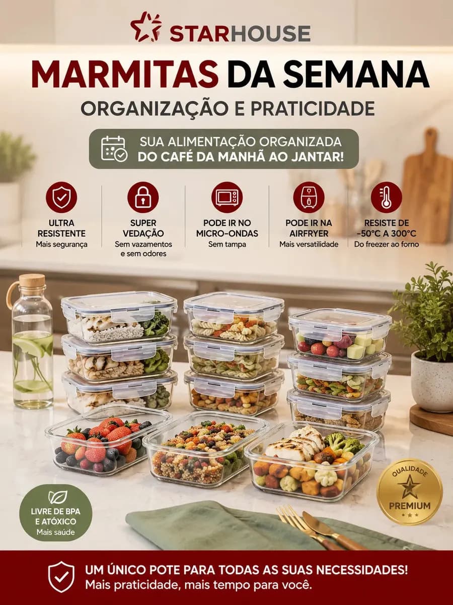 Kit 10 Potes Herméticos Vidro 640ml Starhouse Marmita Forno Micro-ondas Airfryer com 4 travas de super vedação — imagem 5