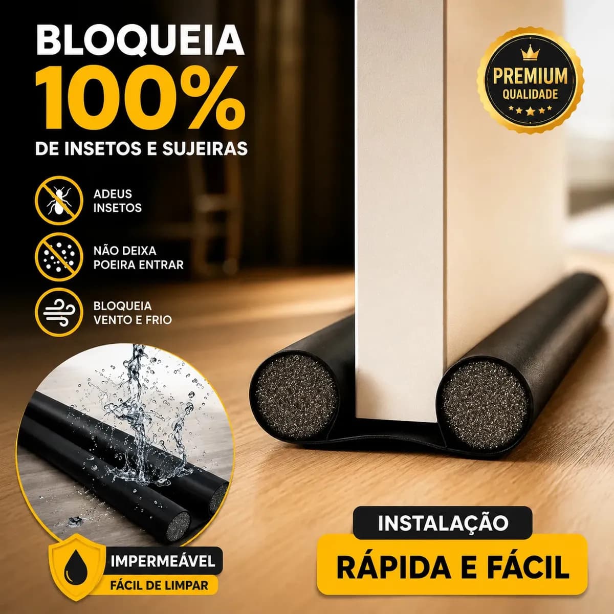 Protetor Rolinho Rolo Veda Porta Ajustável 90cm Impermeável Liso Preto — imagem 3