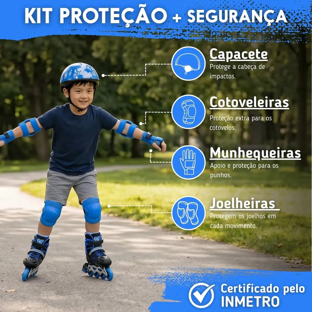 Patins Infantil Ajustável 4 Rodas Inline Roller Kit Proteção Azul- (m) — imagem 6