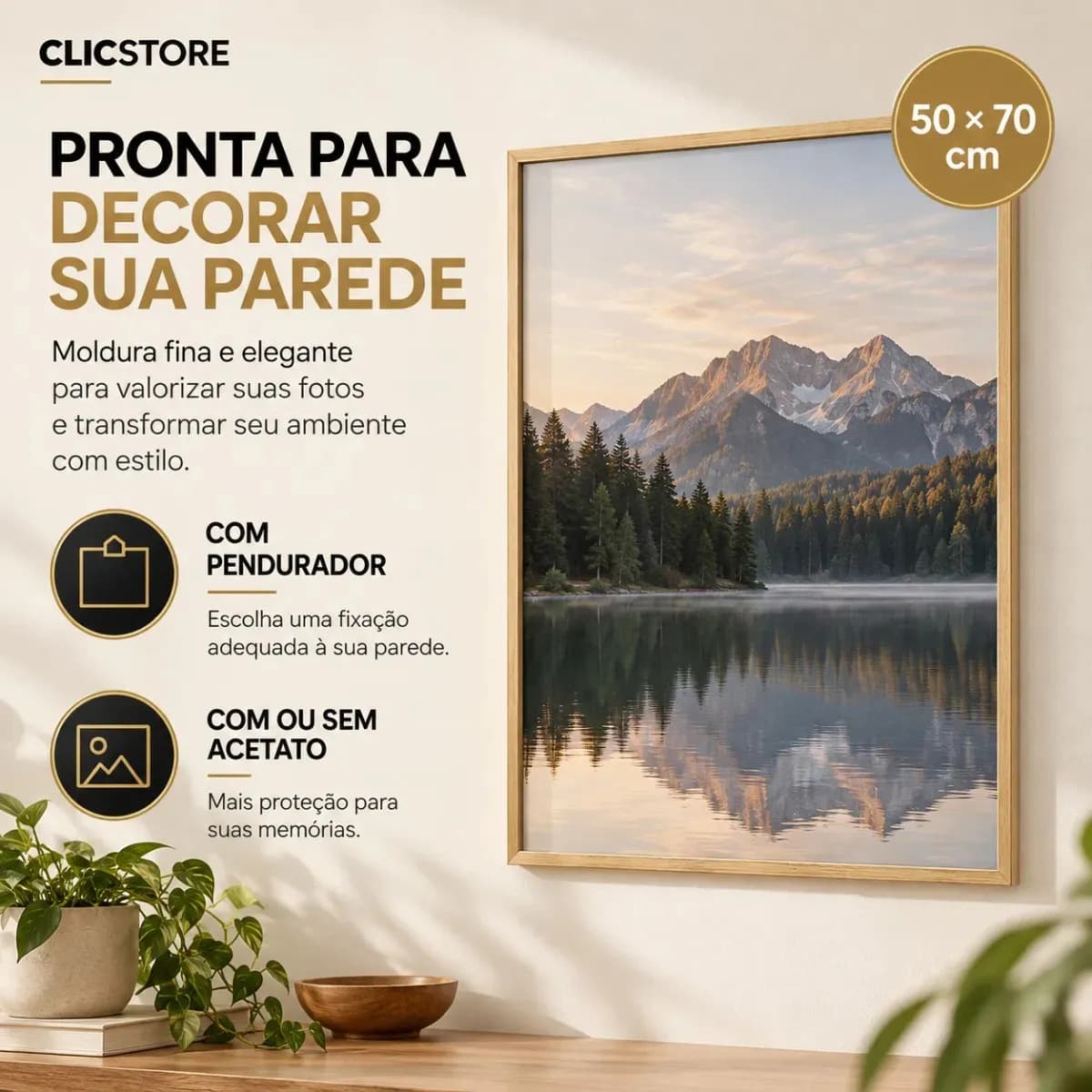 Moldura 50x70 com Acetato para Poster Quadros Foto Fotografia Diploma Quebra Cabeça Sala Quarto Clic Store Cor Marrom — imagem 6