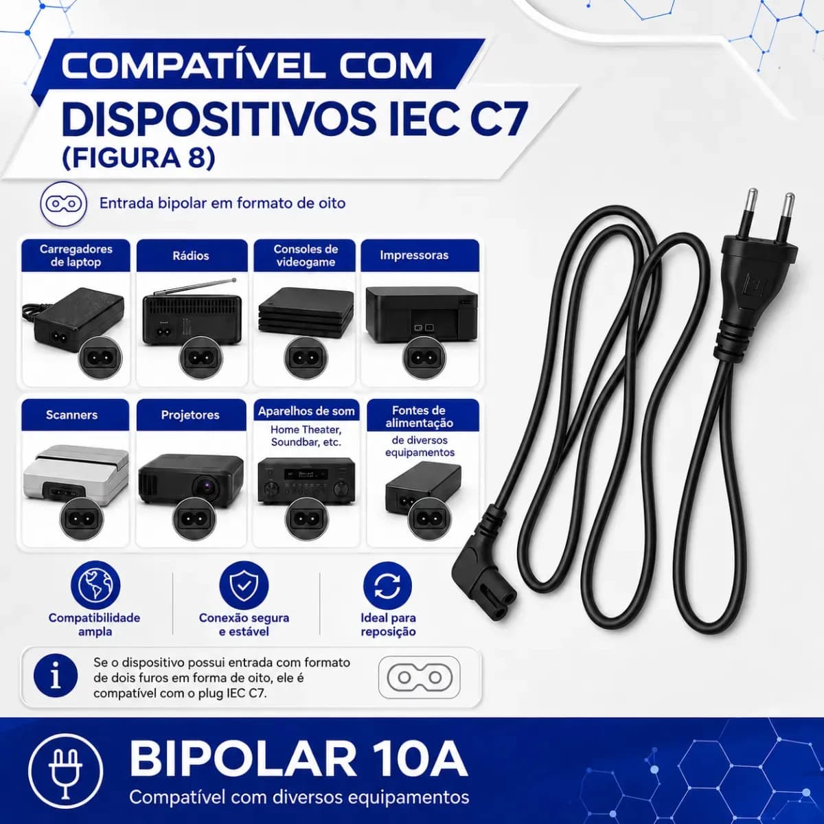 Cabo de Energia Força para Smart Tv Samsung Lg Philco Tcl Monitor Ps3 Ps4 Ps5 Impressora JBL BOMBOX Rádio Caixa de Som Tipo 8 Bivolt 127/220V - Tech 022 — imagem 4