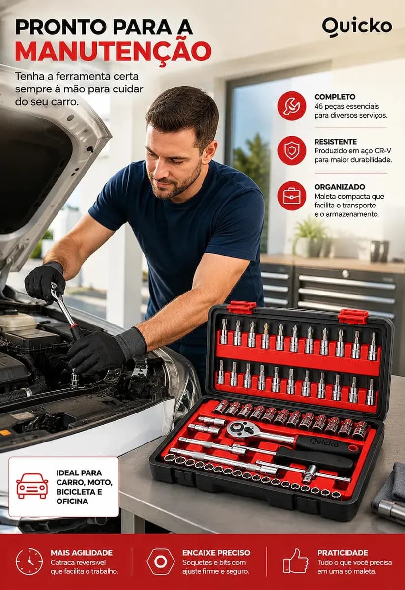 Kit Ferramentas 46 Peças Jogo Chaves Catraca Soquetes Allen Torx Fenda Phillips Maleta Completa Manual Mecânico Manutenção Casa Carro Oficina Profissional ajust — imagem 4