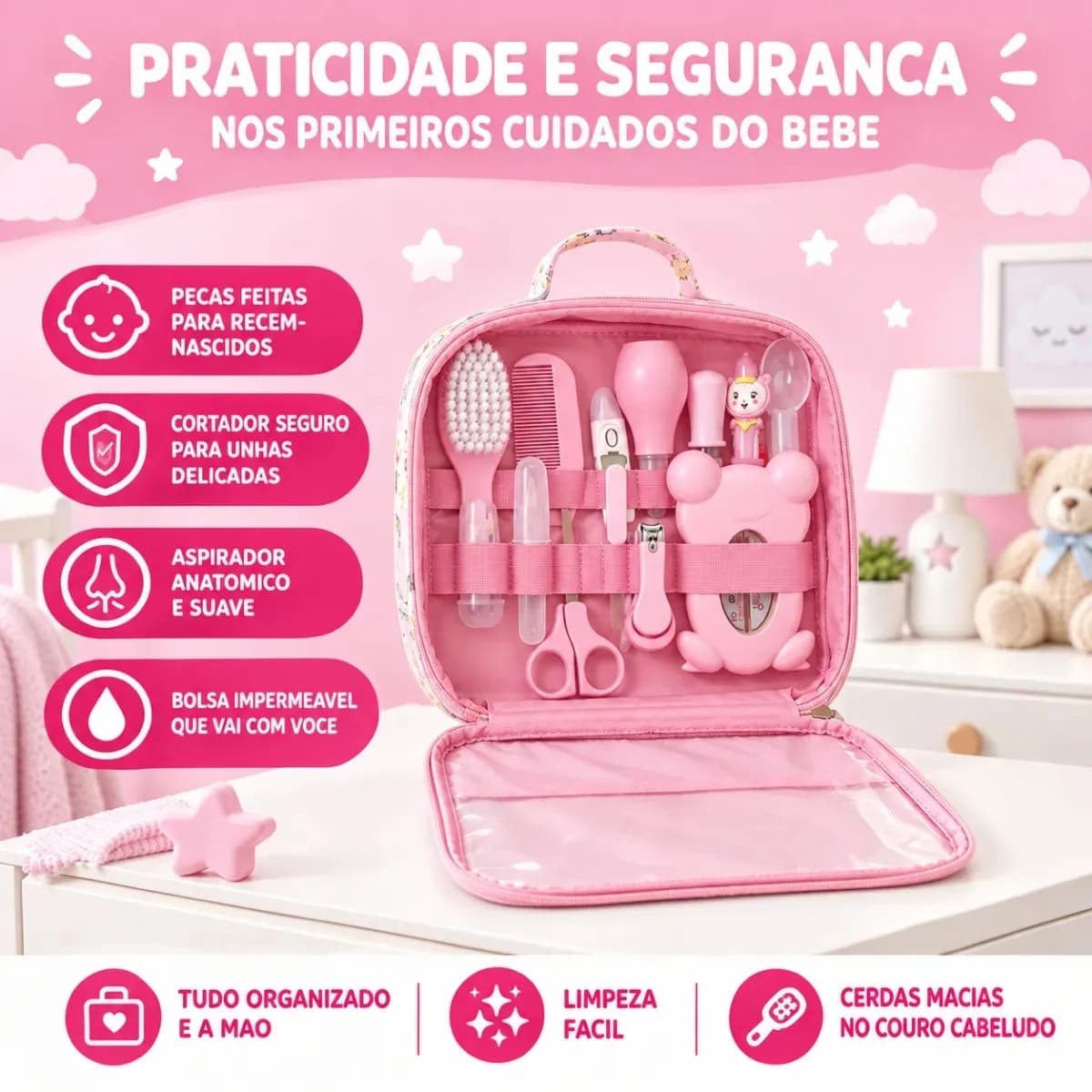 Kit Higiene Cuidados Bebê Rosa Recém Nascido Completo 13 Peças Bolsa Maternidade Termômetro Digital Aspirador Nasal Escova Pente Cortador De Unha Azul Menino Ch — imagem 2