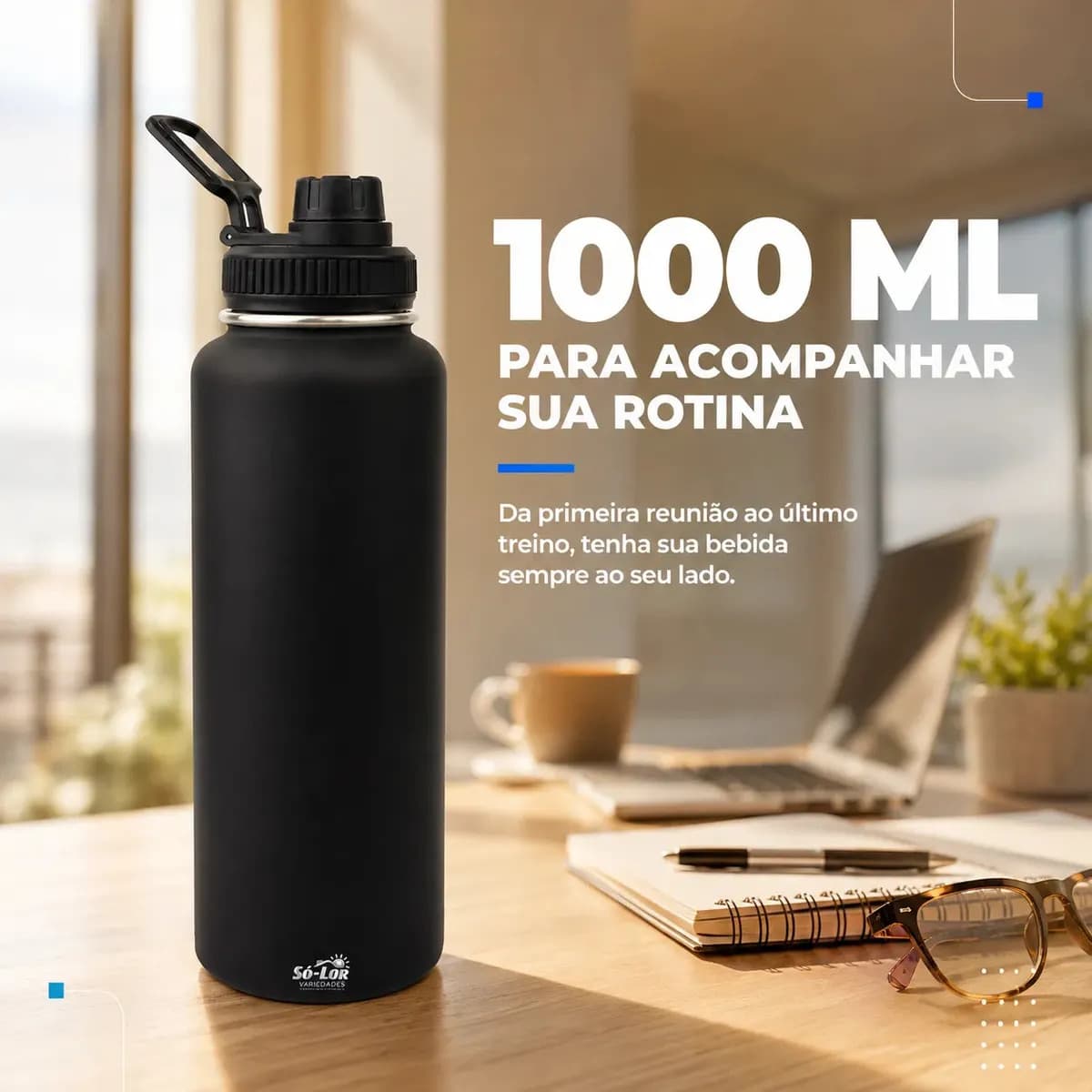 1000ml Garrafa Térmica Isolada A Vácuo Squeeze Aço Inox 304 para Água Gelada Esporte Academia com Alça e Bico Preto Sólar — imagem 2