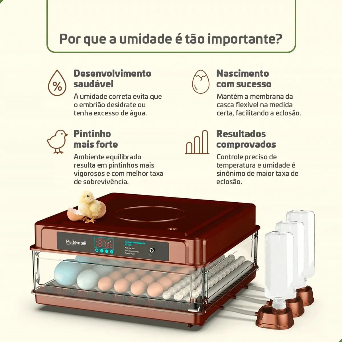 Chocadeira Automática 72 Ovos Com Medidor De Umidade Lavável Bivolt Ovoscópio Certificada Inmetro BT-420 Beltempo — imagem 2