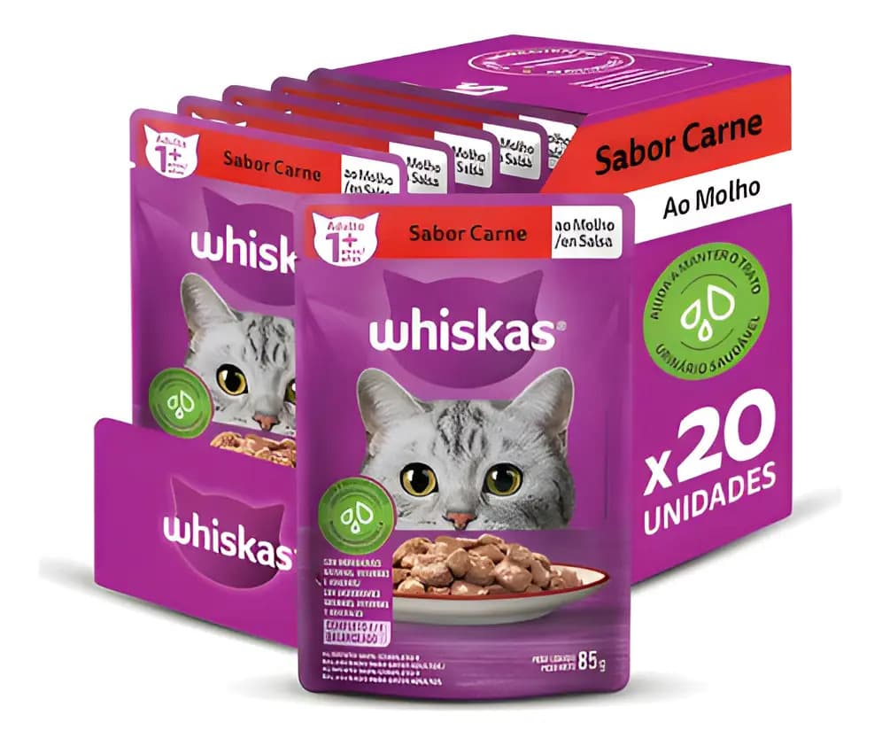 Whiskas ração úmida para gatos carne ao molho 85gr com kit de 20 sachês