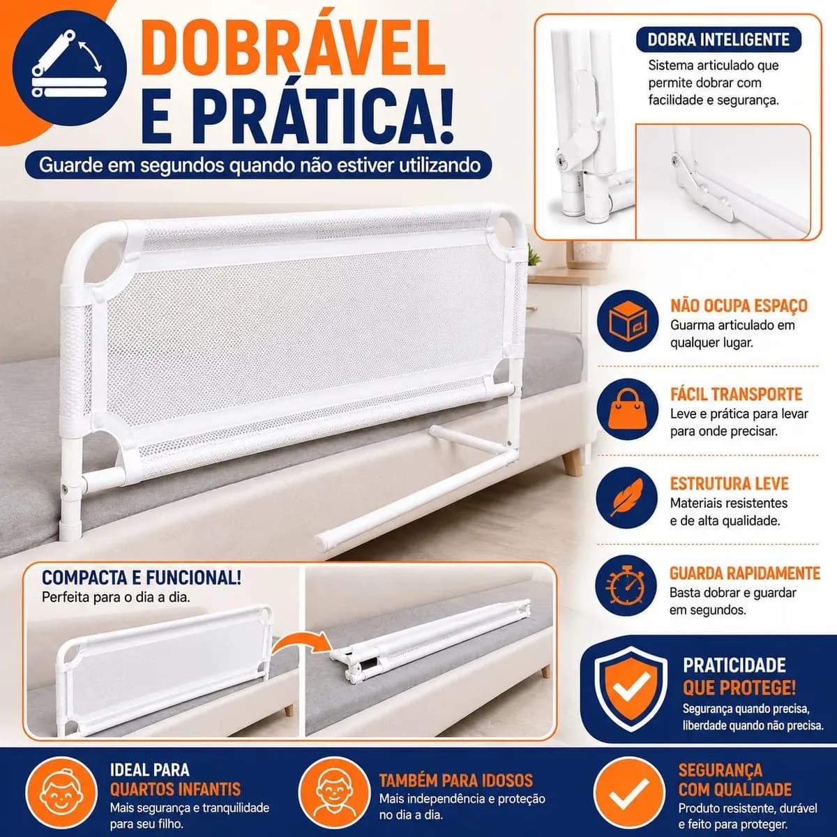 Grade de Proteção para Cama Infantil Pancadão Eletrônicos Branca Aço Dobrável — imagem 3