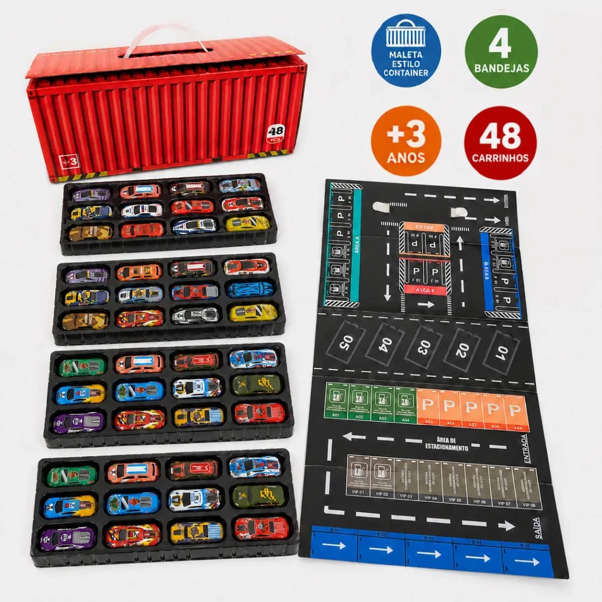 Kit 48 Super Carrinhos Infantil Com Garagem, Container de Carrinhos Tabuleiro De Estacionamento E Embalagem Em Formato de Container — imagem 2