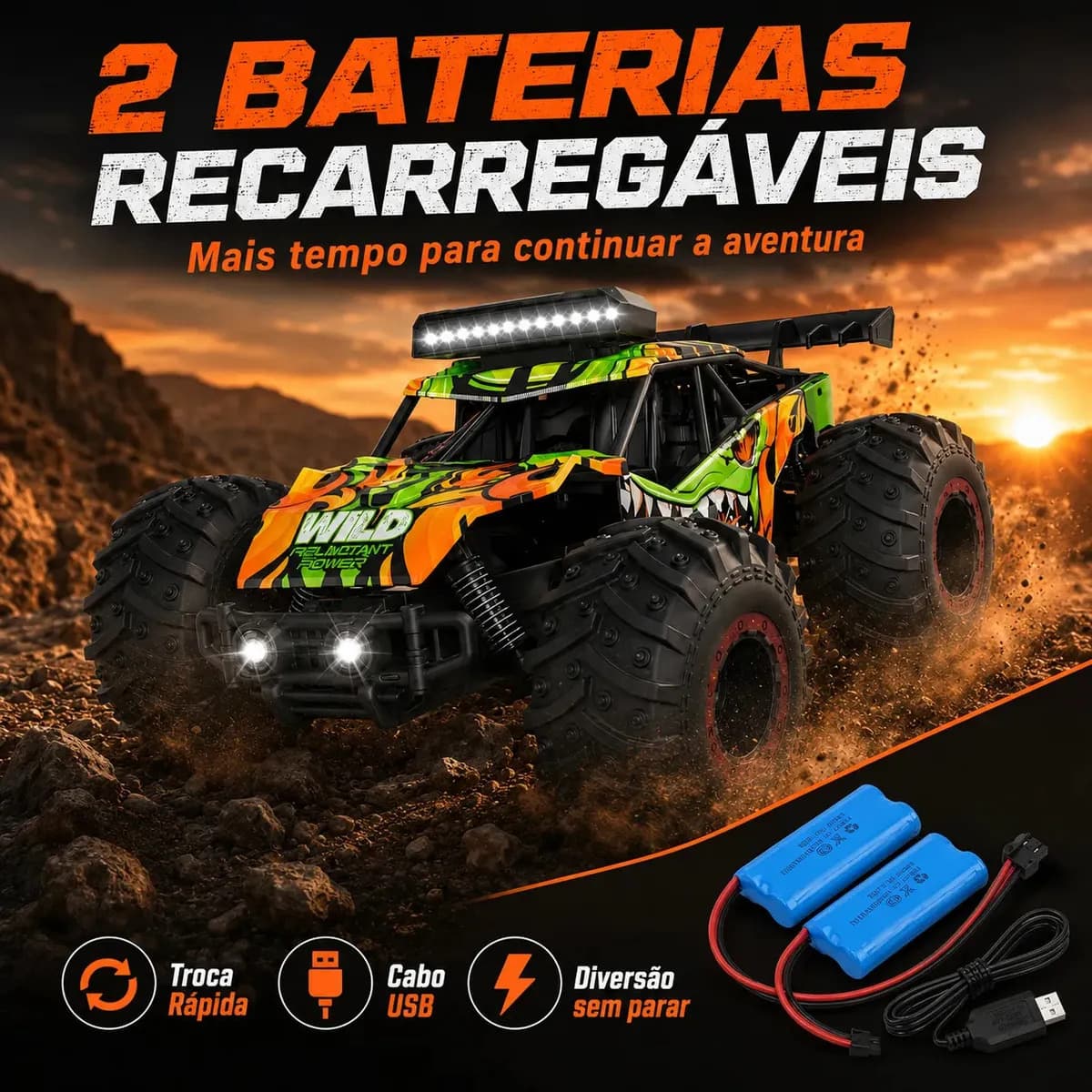 Carrinho Controle Remoto 2.4Ghz Off Road Monster Truck Alta Velocidade 25km/h Resistente Super Rápido Recarregavel Com 2 Baterias Kizumba — imagem 6