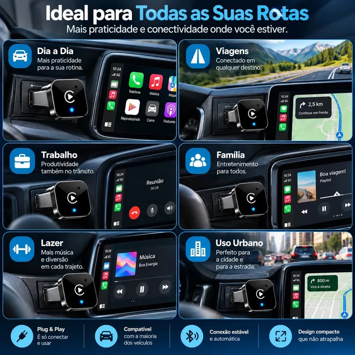 Adaptador CarPlay Sem Fio Android Auto 2 Em 1 USB Wireless Car Play Automático Liggi — imagem 6