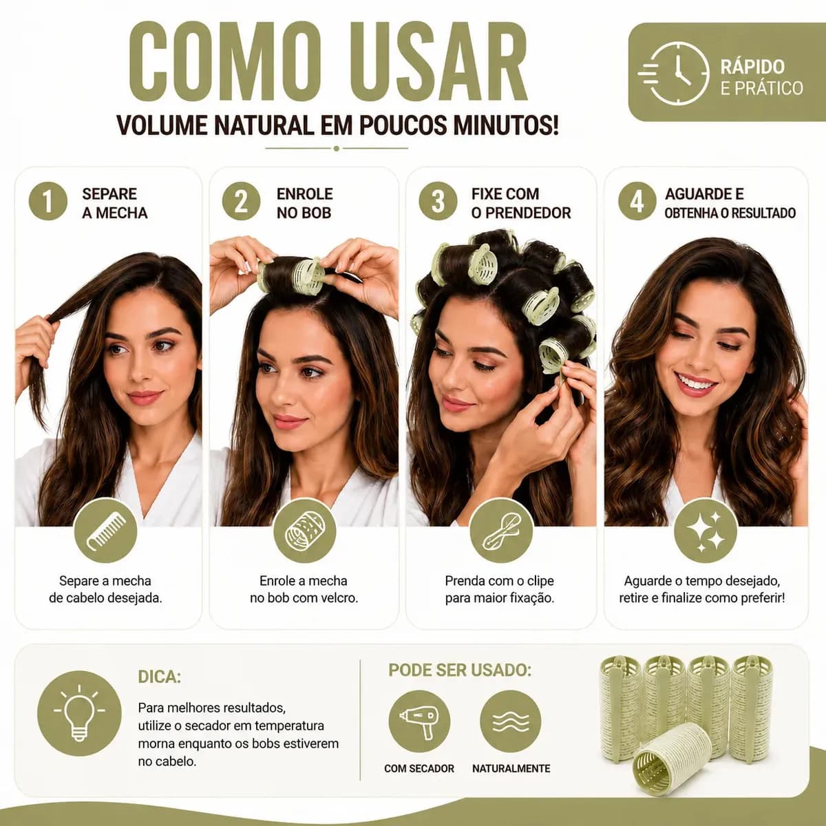 Kit Bobs com Velcro médio + clips Prisilha bico de pato ondulador Modelador cachos franja autocolante Para Cabelo 10 unidades Verde — imagem 6