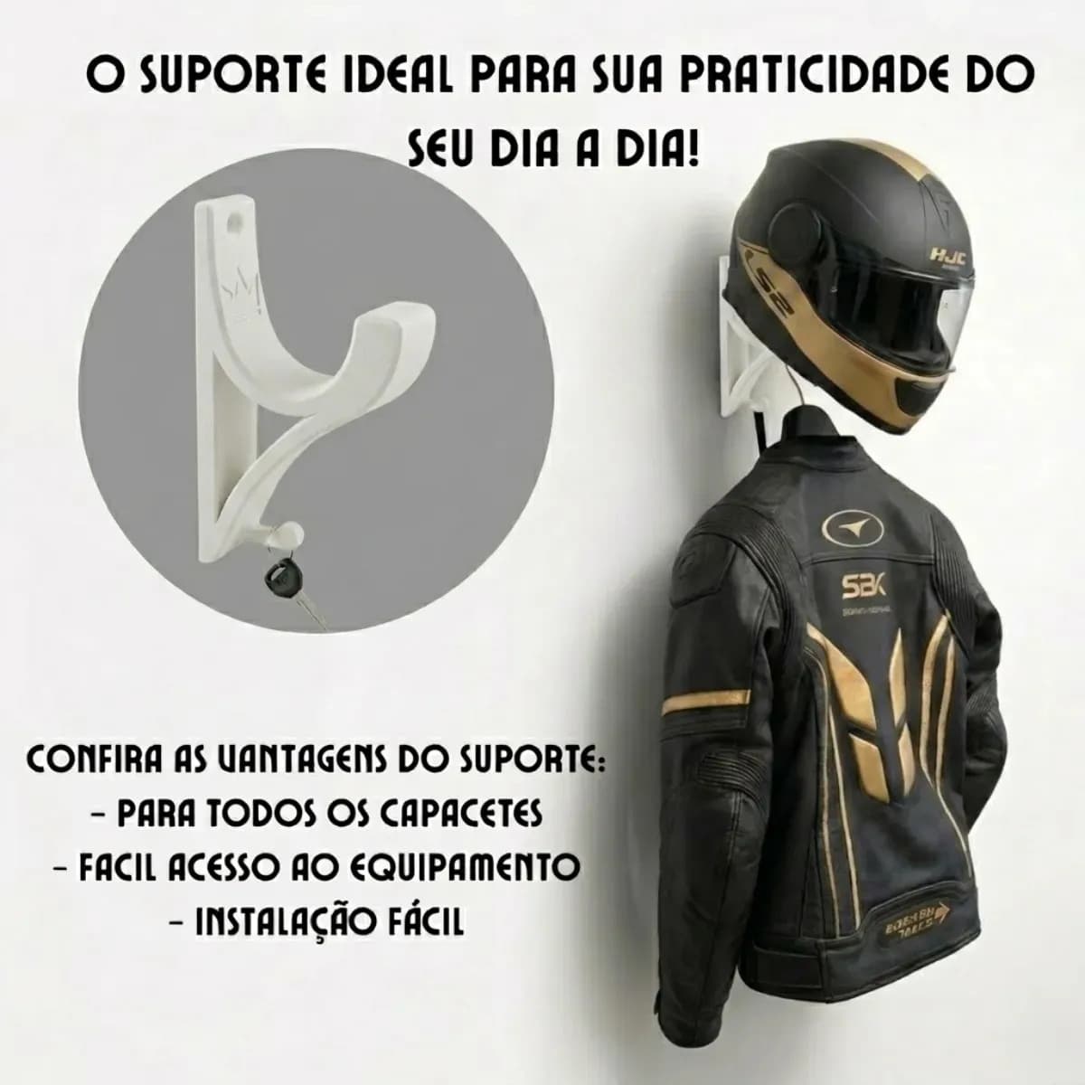 Kit 3 Suporte De Capacete Parede Kingbr Branco Com Gancho Porta Chaves Organizador Acompanha Parafusos E Buchas Para Capacete De Moto Bike Motocross E Skate — imagem 2
