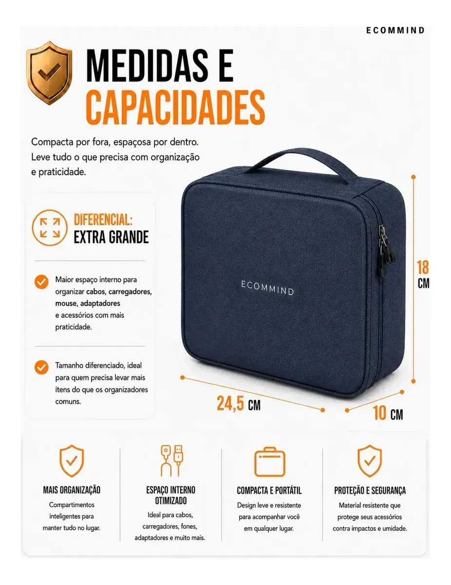 Bolsa Organizadora De Cabos Eletrônicos Extra Grande Estojo Case Bag Viagem Porta Carregador Fios ECOMMIND Azul Escuro — imagem 2