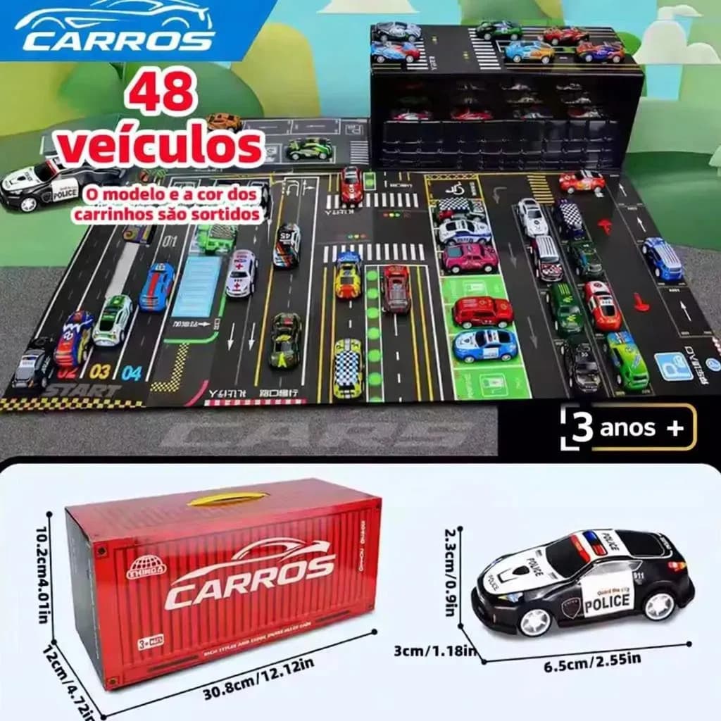 Kit 48 Mini Carrinhos De Fricção De Metal Com 2 Pistas Com Container Afortunado Imports — imagem 5