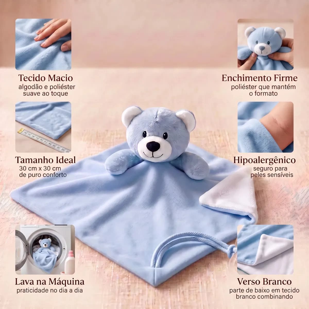 Naninha Ursinho Algodão Doce Bebê Antialérgica Azul Recém-Nascido 0 a 24 Meses Textura Macia Lavável na Máquina Adequada para Secadora 30x35cm Kit com 1 Peça Pr — imagem 2