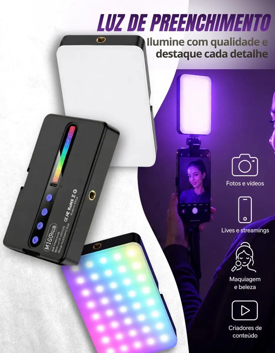 Luz De Preenchimento Led Rgb Para Foto Vídeo Recarregável Iluminador Portátil Retangular Ring Light — imagem 4