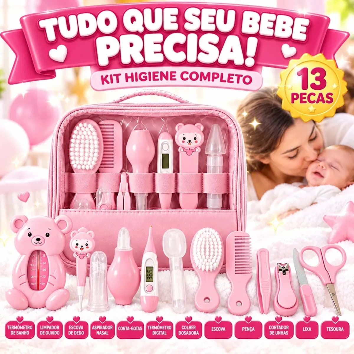Kit Higiene Cuidados Bebê Rosa Recém Nascido Completo 13 Peças Bolsa Maternidade Termômetro Digital Aspirador Nasal Escova Pente Cortador De Unha Azul Menino Ch