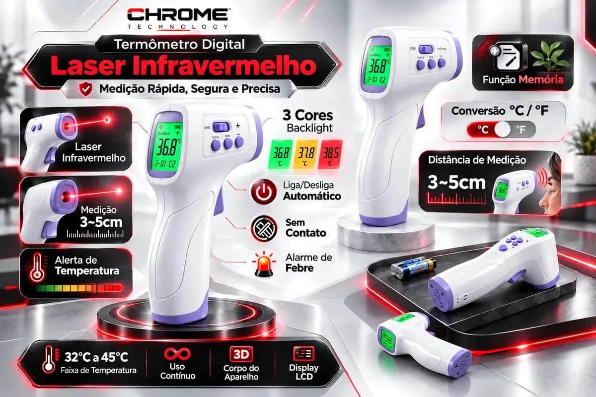 Termômetro Infravermelho Sem Contato Digital Medição Rápida Alta Precisão Display Lcd Memória Alarme Sensor Chrome Technology — imagem 2
