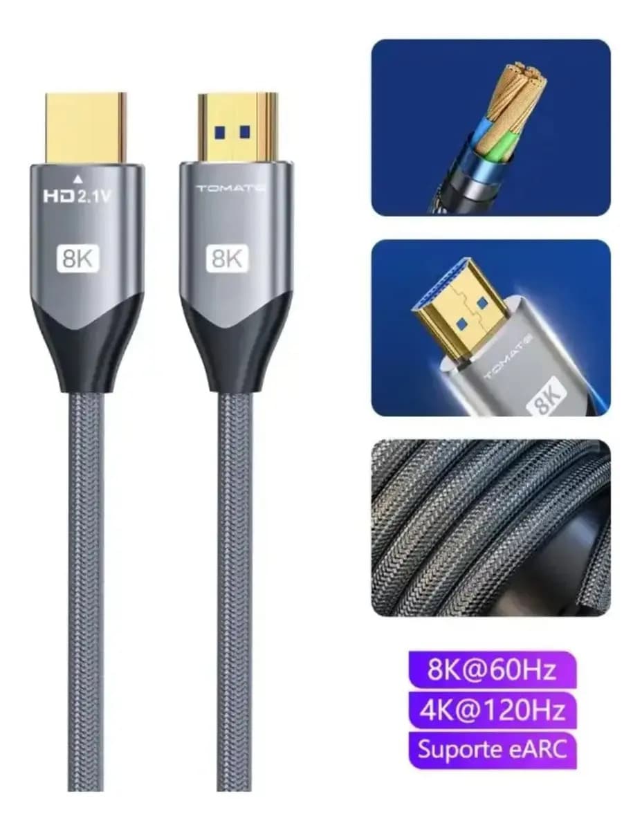 Cabo HDMI 2.1 8K 120Hz 2 Metros Conector Ouro Alta Velocidade — imagem 6