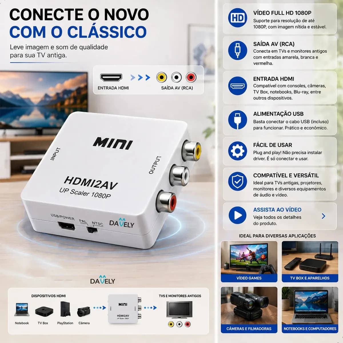 Mini Adaptador Hdmi Para Rca Conversor Full Hd Vídeo Hdmi P/ Vídeo Rca 2av - Conectar Seus Aparelhos Com Saída Hdmi Em Sua Tv - Converter Qualquer Sinal Hdmi - 