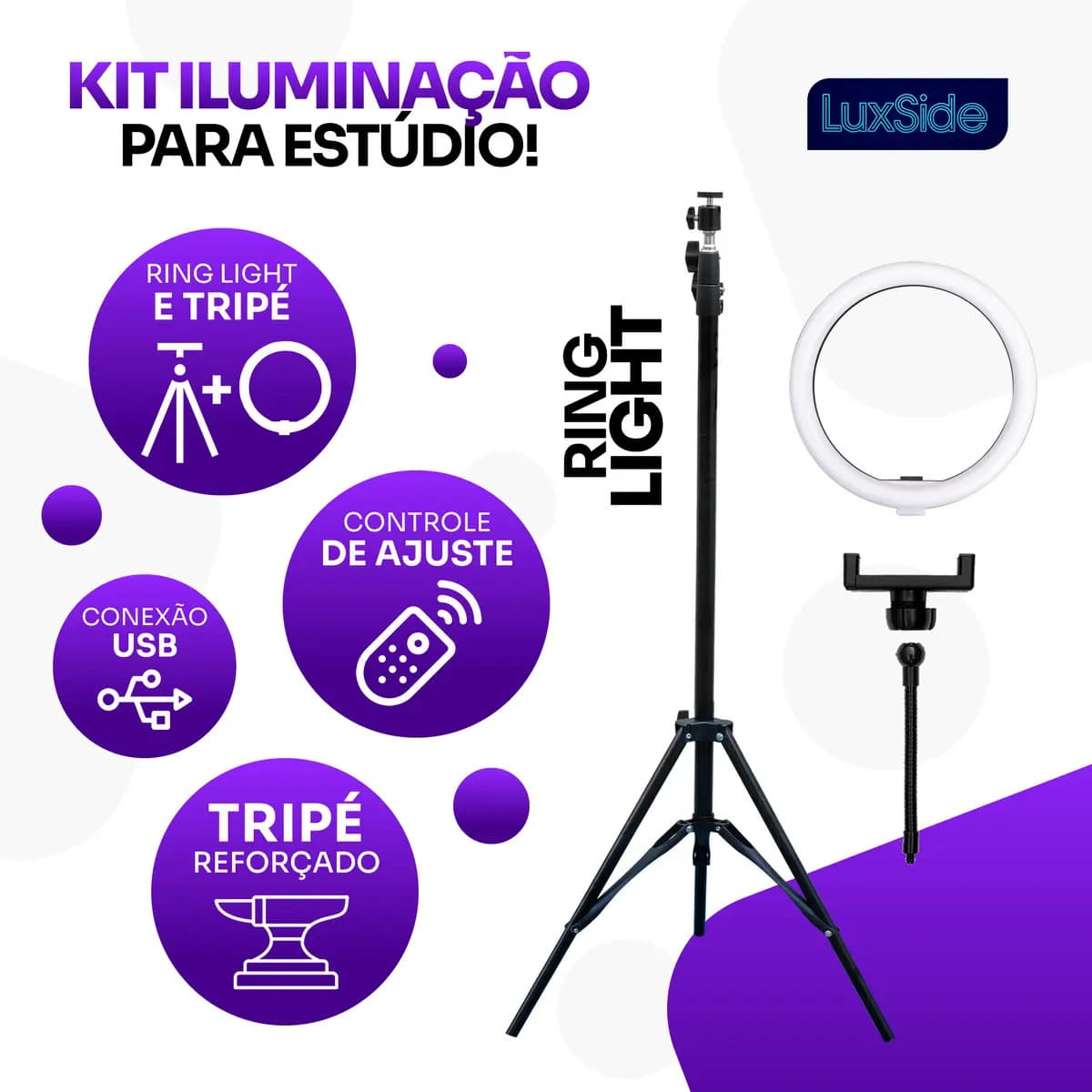 Ring Light 10 Polegadas Com Tripé 2,10m Profissional Video Maker Suporte Celular E Led 3 Cores Iluminação Maquiagem E Gravações Luxside — imagem 2
