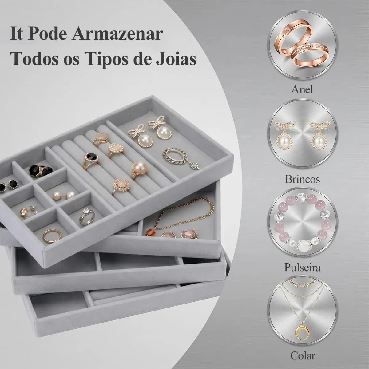 Kit com 5 Bandejas Organizadoras de Joias em Veludo Cinza para Gaveta — imagem 4