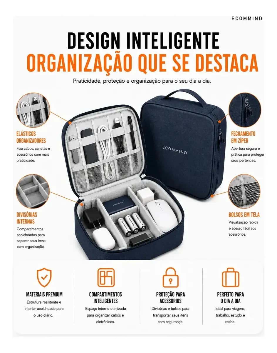 Bolsa Organizadora De Cabos Eletrônicos Extra Grande Estojo Case Bag Viagem Porta Carregador Fios ECOMMIND Azul Escuro — imagem 3