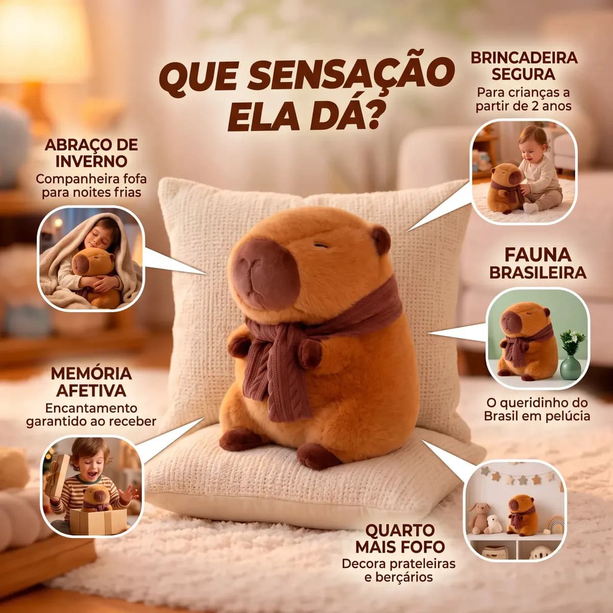 Pelúcia Capivara Cachecol Inverno Marrom Boneco Capybara Capibara Filó Bicho De Pelúcia Ursinho Brinquedo Animal Decoração Enfeite Quarto Dormitório Infantil Co — imagem 3