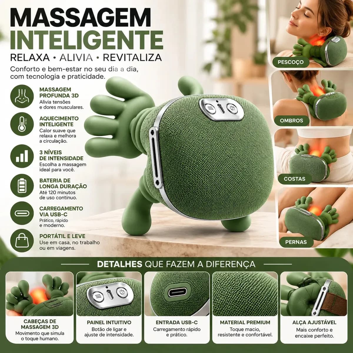 Massageador Elétrico VLX Maozinha Deep 3D Recarregável, para Pescoço e Ombros com Calor — imagem 4