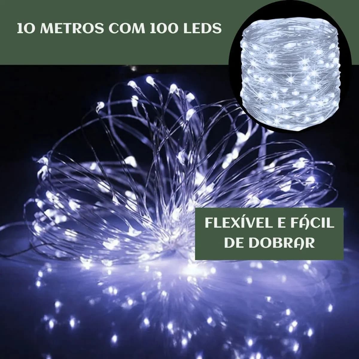 Fio De Fada 100 Leds 10 Metros Ip44 Bateria Cordão Pisca Luzes Festa Decoração Árvore Natal Branco Frio Luvinco — imagem 5