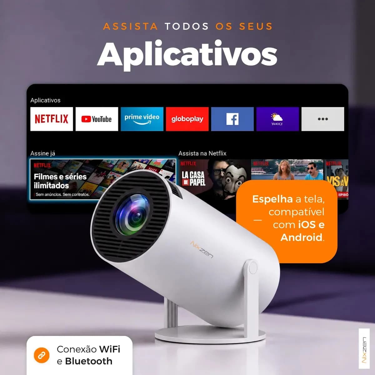 Projetor Portátil Mini HY300 4k Full HD 1080p Smart Tv Android 11.0 Wi-Fi Bluetooth Home Theater Cinema Em Casa TV Imagem Nítida Som Potente Alta Resolução Com  — imagem 3
