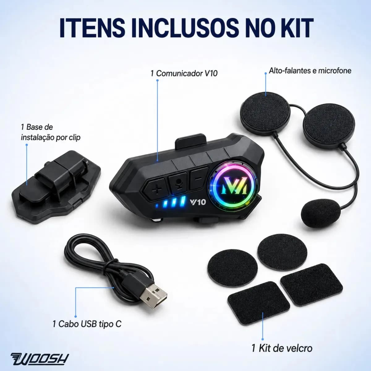 Fone De Ouvido Para Capacete Intercomunicador Bluetooth Headset Rgb Sem Fio Música GPS Chamadas Handsfree Alta Potência Woosh — imagem 5