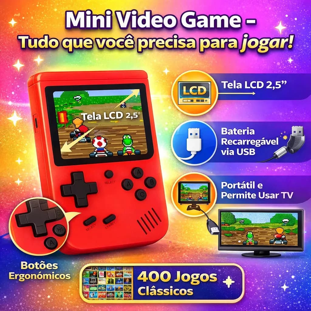 Video Game Retro Portátil com Tela Colorida e Cabo AV para TV — imagem 6