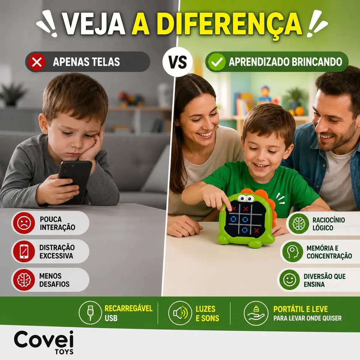 Brinquedo Jogo Da Velha Eletrônico Portátil Tic Tac Toe Puzzle 3 em 1 Game Recarregavel Usb Dinossauro Covei Toys — imagem 3