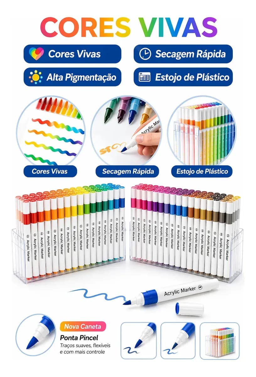 Caneta Marcadora Acrílica 36 Cores Canetinha Ponta Pincel Profissional Para Desenho Pintura Colorir Artesanato Madeira Vidro Plástico Metal Resina Scrapbook Mar — imagem 2