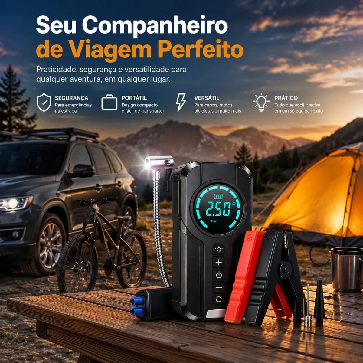 Auxiliar de Partida Bateria e Compressor de Ar Portátil 6 em 1 Inteligente para Carro, Moto e Bicicleta com Lanterna e Power Bank — imagem 6