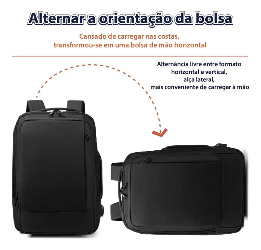 Mochila À Prova D'água Reforçada Expansível Para Viagens Diá Preto — imagem 6