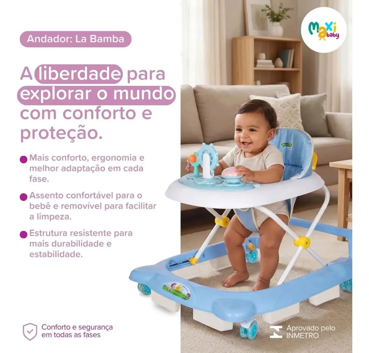 Andador Infantil Musical Para Bebê Empurrador Compacto 3 Ajustes de Altura La Bamba Maxi Baby - azul — imagem 2