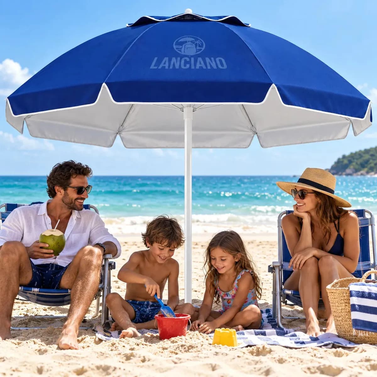 Guarda Sol Praia Grande Gigante 2,40m Proteção UV Corta Vento Respirável Altura Ajustável Verão Piscina Camping Pesca Cor Azul — imagem 3
